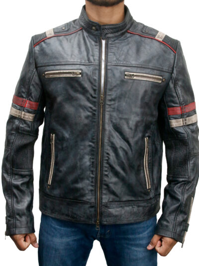 Retro Style 2 Cafe Racer Distressed Black Leather Biker Jacket