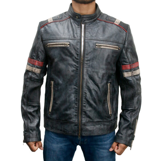 Mens Black Retro Cafe Racer Leather Jacket Photos