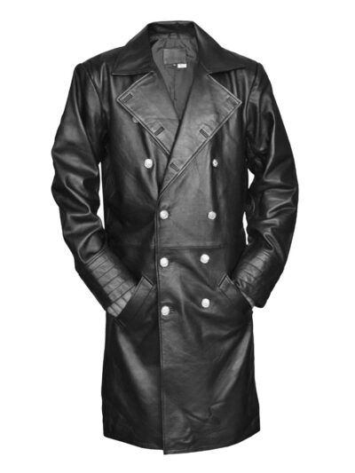 German Military Officer Long Black Leather Coat mens