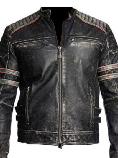Retro One Cafe Racer Distressed Black Leather Biker Jacket