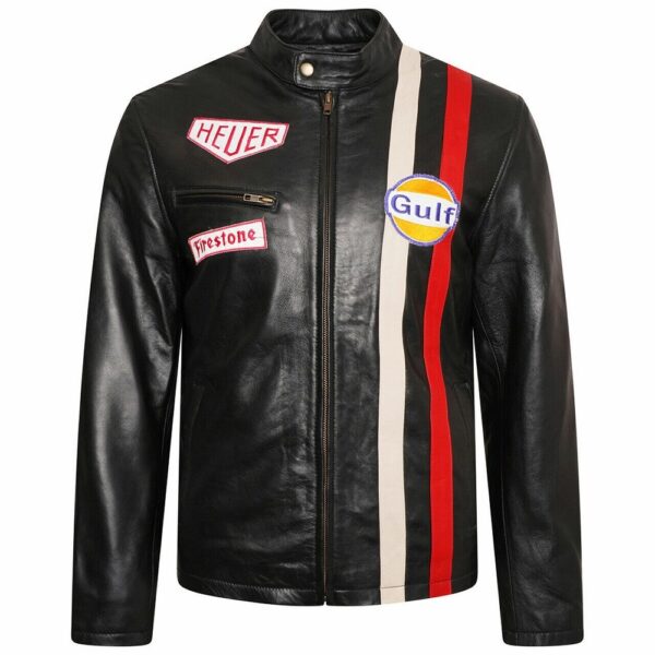 steve mcqueen grand prix gulf racing leather jacket black